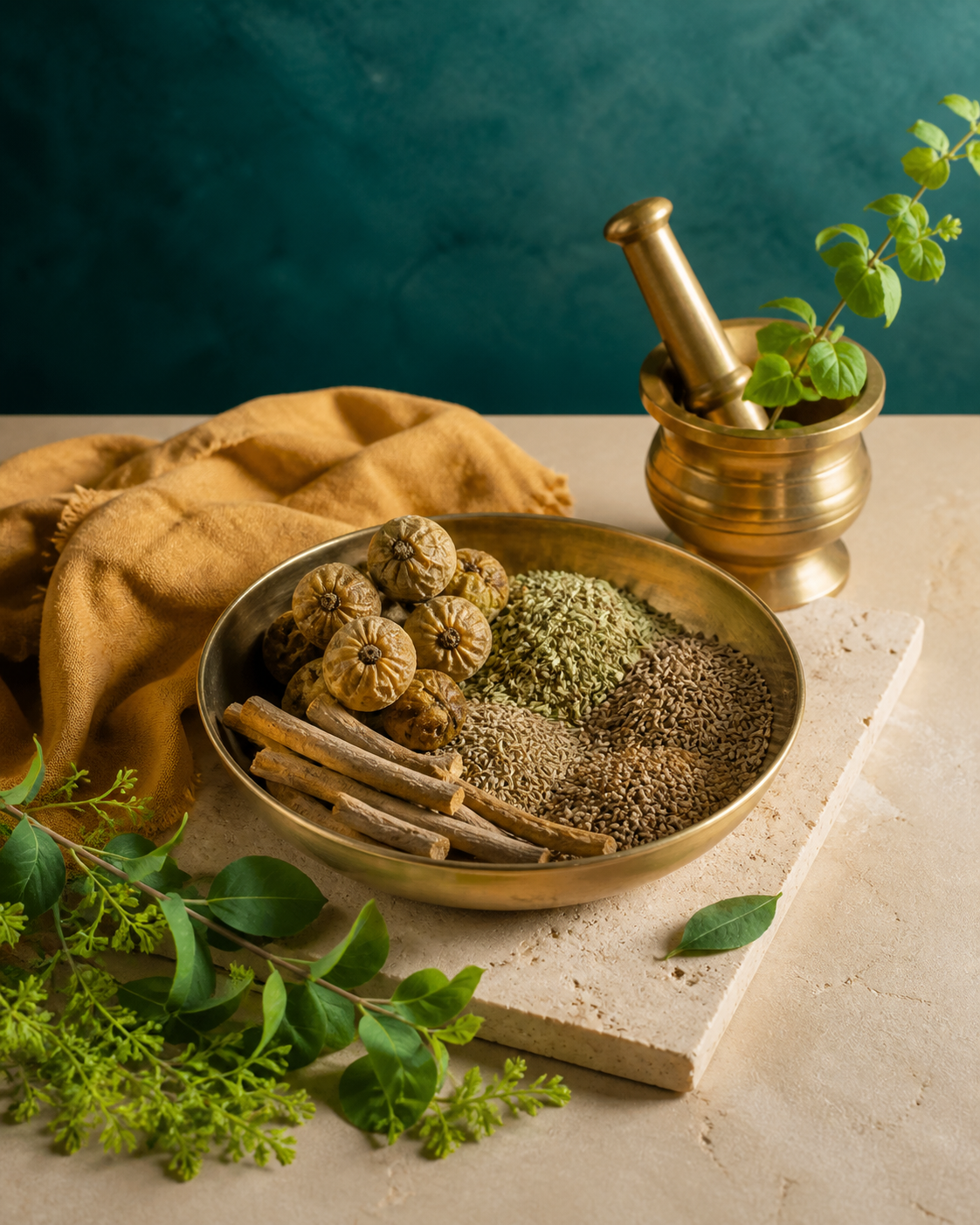 Ayurvedic herbs, amla and traditional brass mortar and pestle